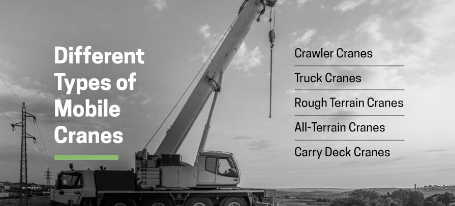 Different types of mobile cranes including crawler cranes, truck cranes and more.